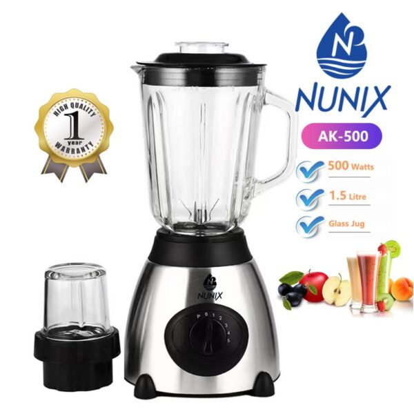 NUNIX AK-500 POWERFUL 2 IN BLENDER WITH GLASS JAR & GRINDER - 1.5 L