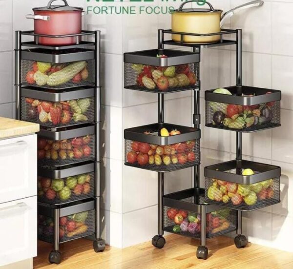 5 TIER ROTATING FRUIT RACK WITH WHEELS